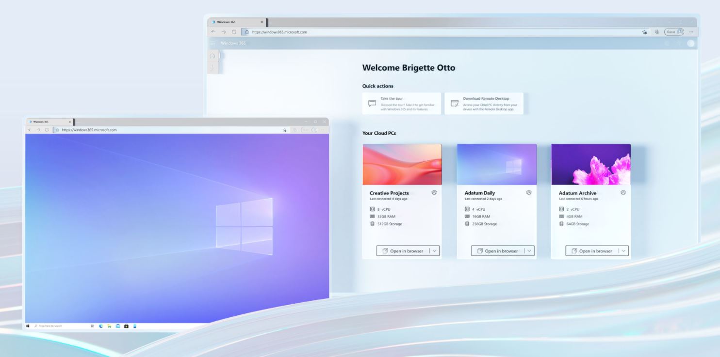 windows365 Securely stream your Windows experience - including your personalized apps, content, and settings—from the Microsoft cloud to any device with your Windows 365 Cloud PC.